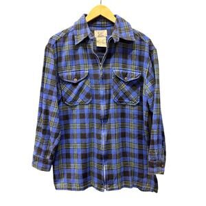 At Last & Co Shacket Womens Medium Blue Flannel Full Zip Grunge Plaid Vintage